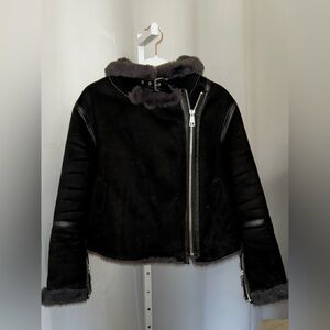 Zara Suede & Fur Black Shearling Jacket with Silver Accents